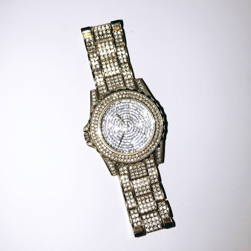 Men’s Rhinestone Diamond Crystal Watch Yellow Gold